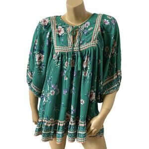 RACHEL ZOE Womens Size Small Keyhole Neck Floral Peasant Boho Blouse Shirt Top
